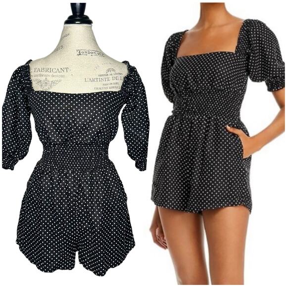 WeWoreWhat Pants - WeWoreWhat | Women | 100% Linen Black Polka Dot Smocked Short Romper | Large